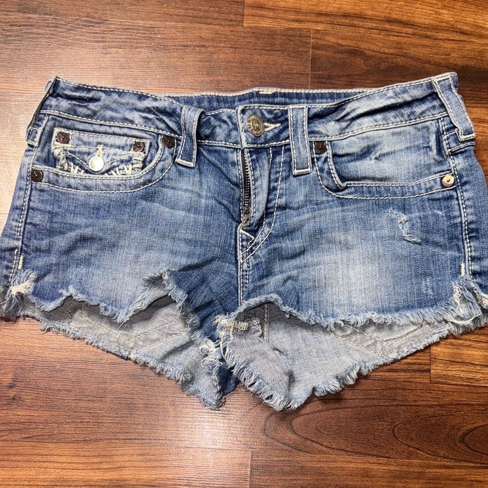 True Religion Distressed Light Blue Denim Jean Shorts